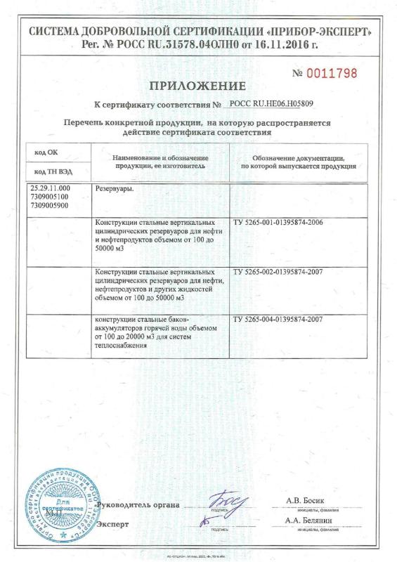 Сертификат соответствия Резервуары вертикальные и баки аккумуляторы. Приложение